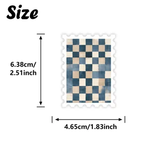 Retro blue and beige checkered stamp sticker size detail image showing exact dimensions clearly.