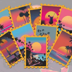 Adesivi in stile francobollo tramonto synthwave retrò, decorazione neon spiaggia.