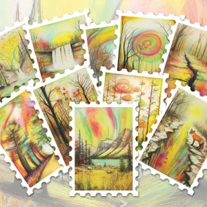 Colorful artistic landscape stamp stickers for journaling and diary decoration use.