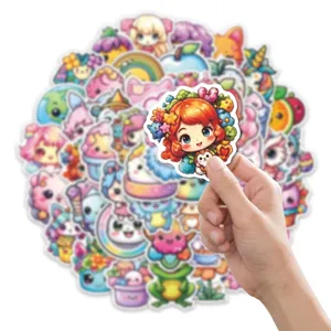 Gros plan de stickers de filles de dessins animés, autocollants déco étanches.