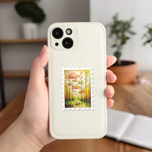 Close-up detail view of the aesthetic phone case featuring a dreamy artistic landscape stamp sticker.
