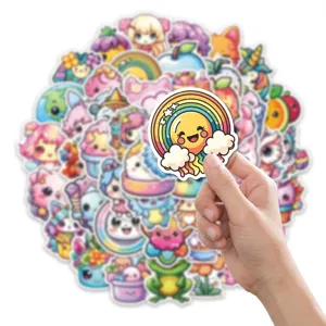 Vue détaillée d'autocollants de dessin animé macaron mignons avec filles et animaux pour loisirs.