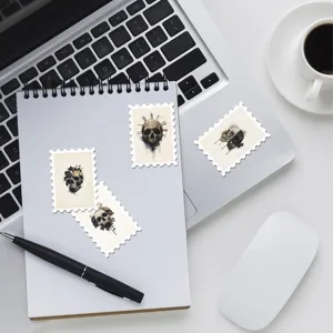 Dark gothic skull stamp stickers detail view, waterproof retro tattoo design for journaling.