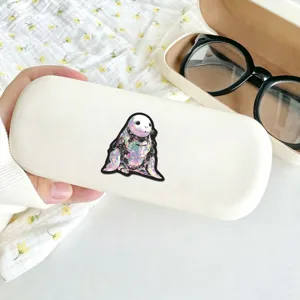 Cyberpunk mechanical seal sticker detail on white hard glasses case, waterproof vinyl decal.