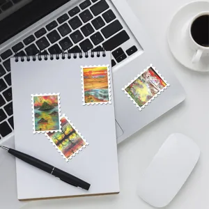 Details of dreamy landscape stamp stickers, healing color pencil art for journal decoration.