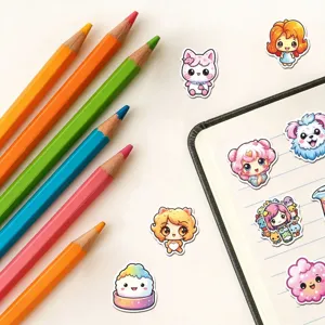 Gros plan de stickers mignons de filles et d'animaux, idéal pour journal et décoration.