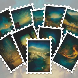 Vintage blue landscape stamp stickers, oil painting aesthetic journal diary decoration.
