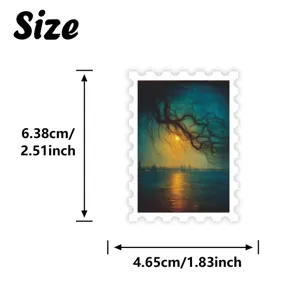 Vintage blue landscape stamp sticker size detail, retro oil painting decorative sticker.