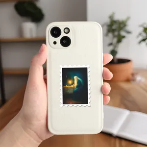 White leather texture phone case with vintage oil painting stamp sticker, elegant design.