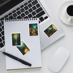 Vintage blue landscape stamp stickers, hazy oil painting style for journal and suitcase decor.