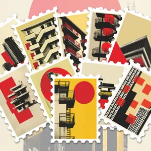 Autocollants timbre architecture Bauhaus retro geometrique rouge fournitures loisirs