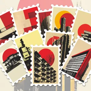 Vue détaillée d'autocollants de timbre de poste d'architecture Bauhaus au design géométrique rouge.