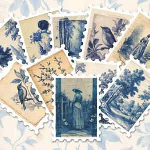 Vintage blue white porcelain stamp stickers botanical floral retro character DIY journal decor