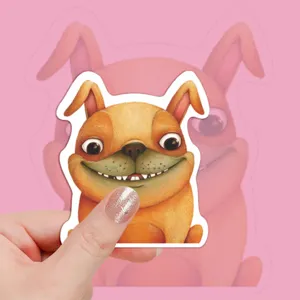 Closeup detail of cute French Bulldog waterproof sticker, ideal for diary or luggage DIY decor.