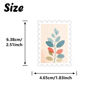 Detail view showing the precise dimensions and botanical stamp sticker design.