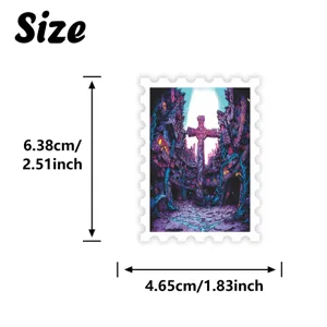 Gothic dark cross stamp sticker detail showing precise dimensions and unique decorative design.