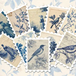 Vintage blue and white stamp stickers detail featuring elegant birds, flowers, and classic figures.