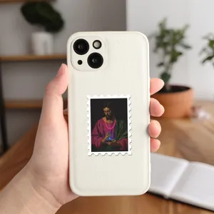 White leather texture phone case detail showcasing creative Renaissance oil painting stamp design.