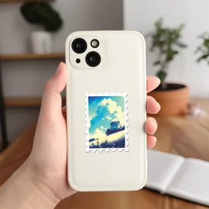 White textured phone case with dreamy sky landscape stamp sticker for creative decoration.