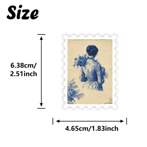 Vintage blue and white porcelain style stamp sticker detail showing precise dimensions and design.