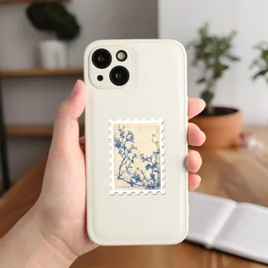 Vintage blue and white porcelain style stamp sticker phone case product detail view.