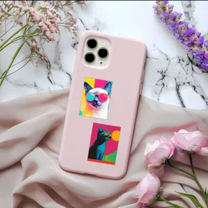 Pink silicone phone case with pop art sunglasses cat stickers, aesthetic cute mobile cover.