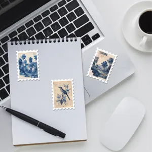 Vintage blue white porcelain stamp stickers detail, perfect for DIY journaling and decoration.