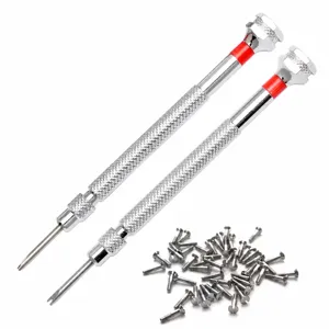 Set de destornilladores de precisión para reparación de relojes con tornillos metálicos.