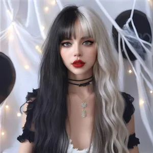 Detail view of two-tone long wavy synthetic wig with bangs, black and white split color style.