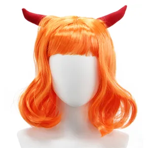 Orange short wavy wig with red devil horns, perfect for cosplay parties and fun stage shows.