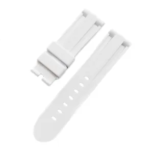 Detalle de correa de reloj de silicio blanco, repuesto de goma impermeable para deportes.