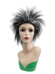 Close-up view of the spiky punk wig showing the unique black and grey layered texture.