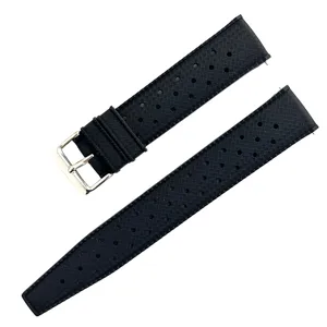 Correa de reloj de silicona negra con agujeros transpirables y hebilla de acero.