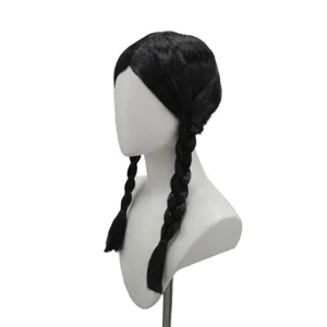 Black middle part double braided pigtails wig for gothic cosplay Halloween party look.