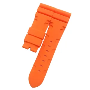 Detalle de correa de reloj de silicona naranja, banda de goma de reemplazo con agujeros.