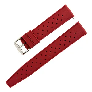 Correa de reloj de silicona roja con diseño perforado y hebilla plateada, correa deportiva universal.