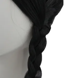 Black braided wig for Wednesday Addams cosplay, gothic dark pigtail synthetic hair.