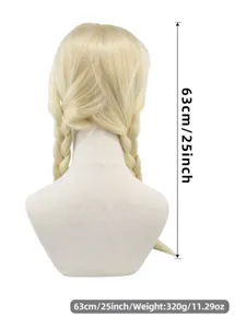 Blonde braided wig detail view, 63cm long cosplay hair piece with double braids for party style.