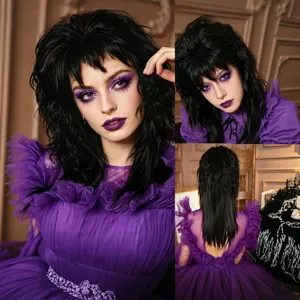 Gothic black mullet wig detail, layered shaggy hair styling for alternative rock looks.