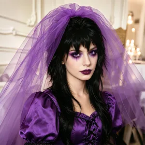 Gothic black mullet wig detail showcasing high layers, soft hair texture and dark styling.
