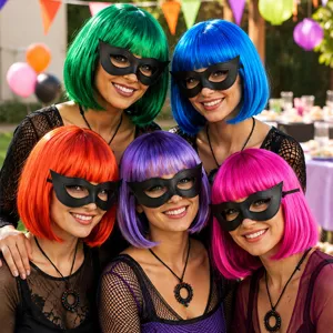 Colorful bob wig set with black leather cat mask for party dress up and cosplay events.