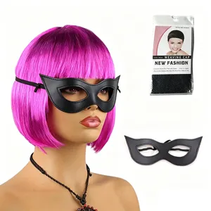 Pink bob wig and black leather cat mask set for costume party and cosplay dress up.