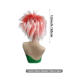 Red white spiky punk wig 12 inch cosplay hair for festival party rock music styling.
