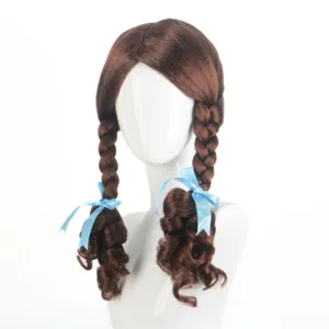 Brown braided pigtails wig detail, featuring lovely blue ribbon bows for cosplay styling.