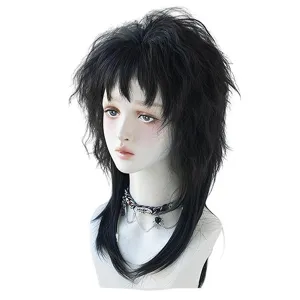 Gothic black mullet wig for women, punk wolf tail synthetic hair with cool dark choker collar.