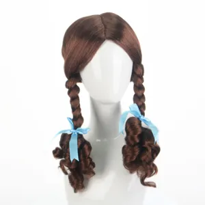 Brown cosplay wig with twin braided pigtails and blue ribbons, perfect for anime character.