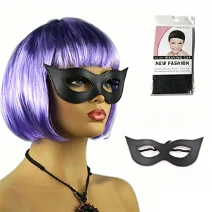 Purple bob wig and black leather cat mask set, ideal for Halloween, cosplay, and parties.