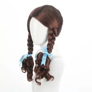 Brown braided cosplay wig with cute blue ribbons, perfect for character dress up events.