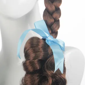 Brown braided cosplay wig with blue ribbon, perfect for anime character and lolita styling.