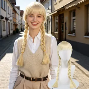 Synthetic Blonde Long Braided Wig with Bangs Heat Resistant Hair Wig for Cosplay Party Women Daily Wear